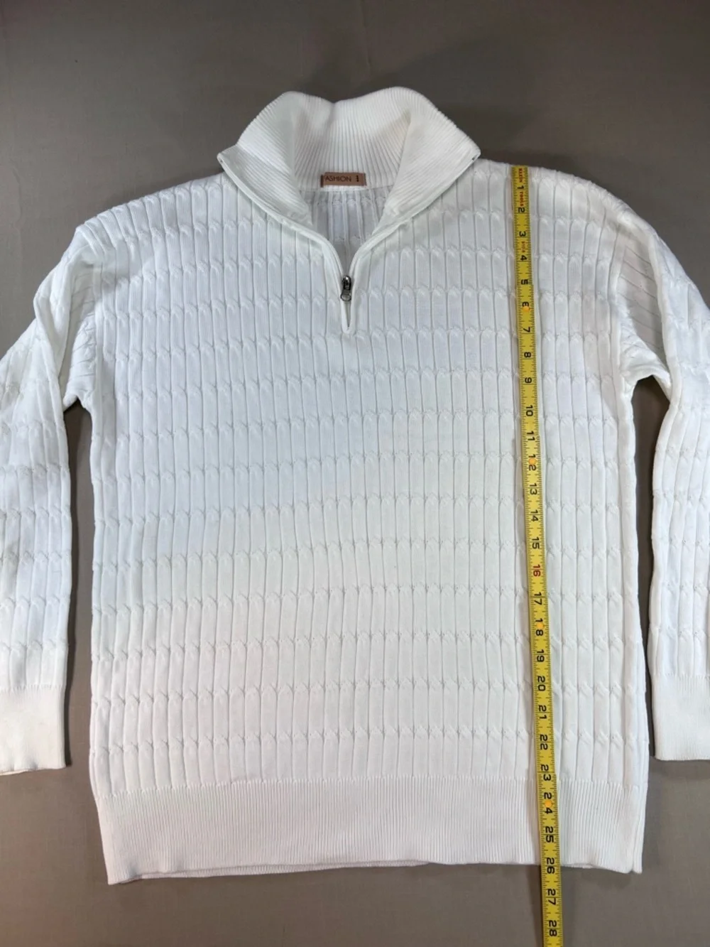 Textured Quarter Zip White Pullover Sweater Cable Knit Style Mock Neck Mens L